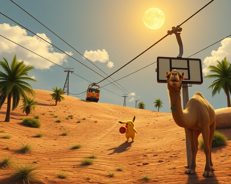 pikachu, basketball, cable car, camel, sun